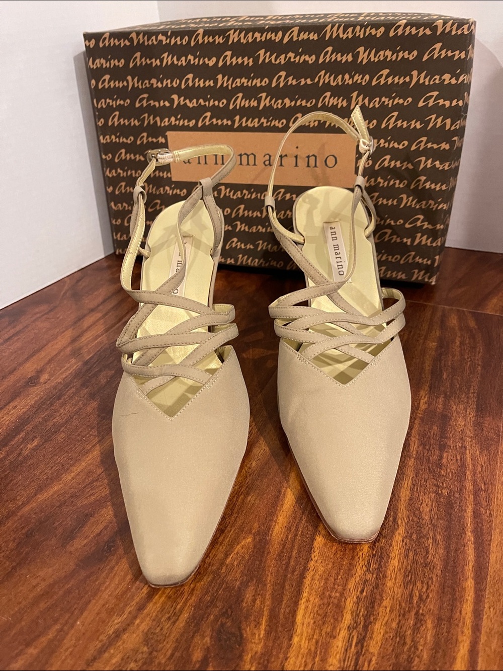 Ann Marino Beige Pointed Toe Crisscross Slingback Heels